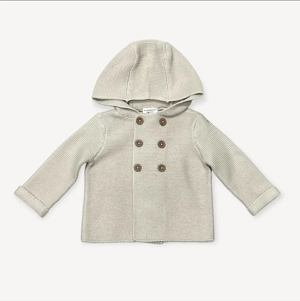 Hooded Double-Breasted Knit Pea Coat in Cream